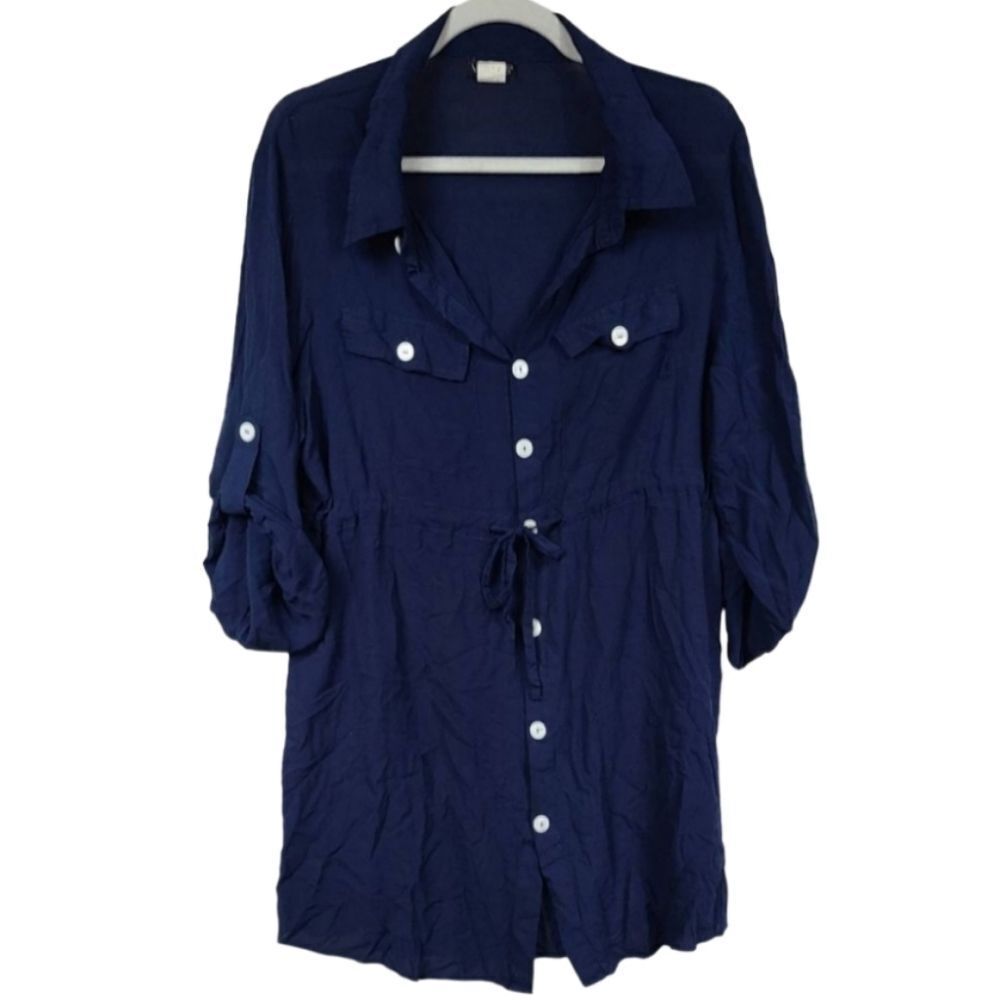 VENUS Navy Shirt Dress Beach Coverup Roll Tab Sleeve Nautical Mini XL Tunic - Picture 2 of 10